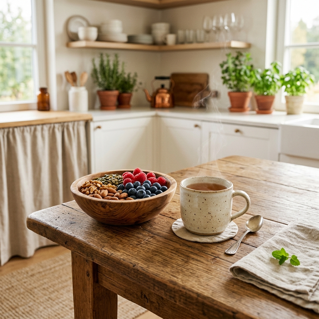 Une tasse de thé chaud et un bol d'aliments sains et naturels sur une table lumineuse — symbole d'un retour à l'équilibre et de la fin de l'obsession des régimes.