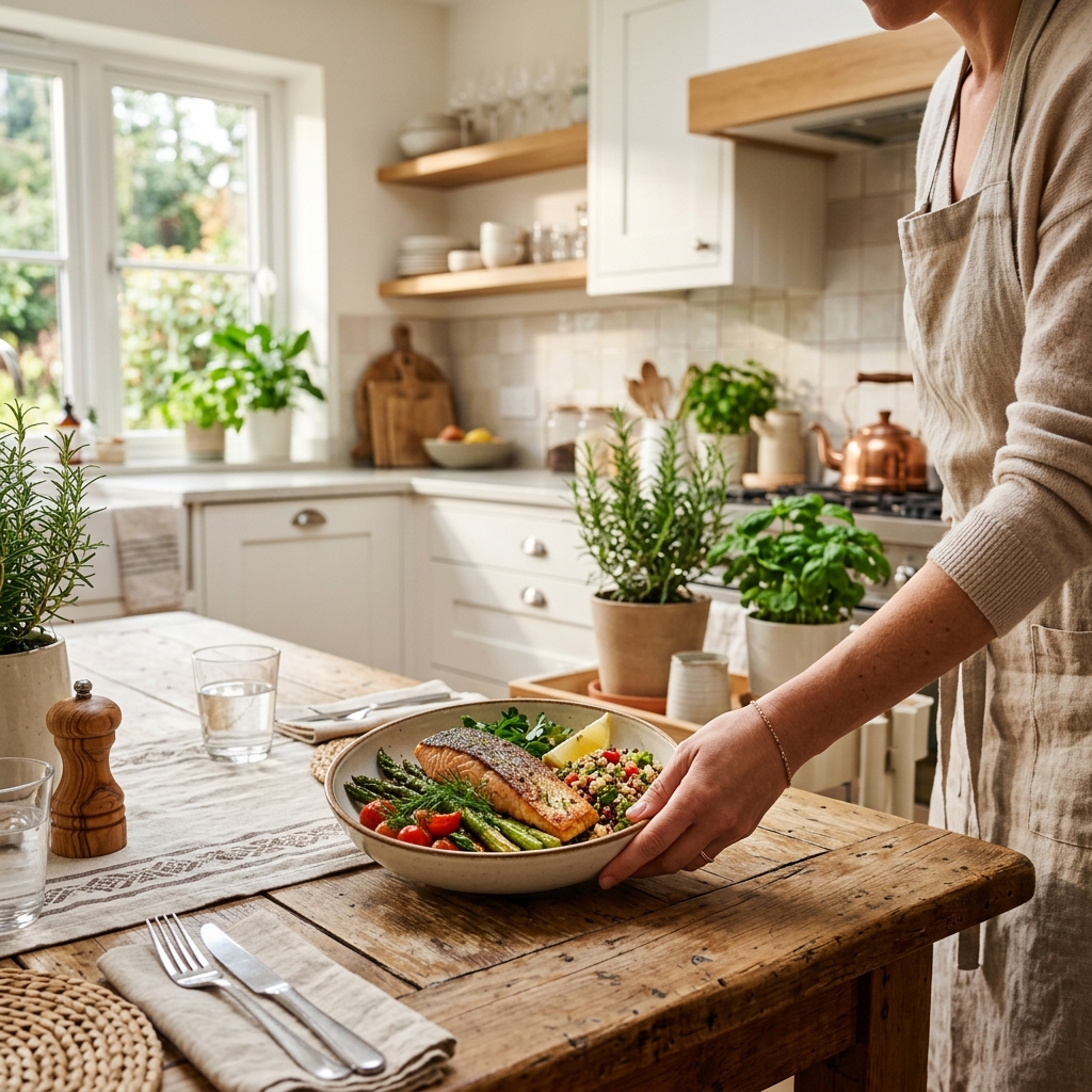 Cuisine lumineuse avec une main qui pose une assiette sur une table en bois