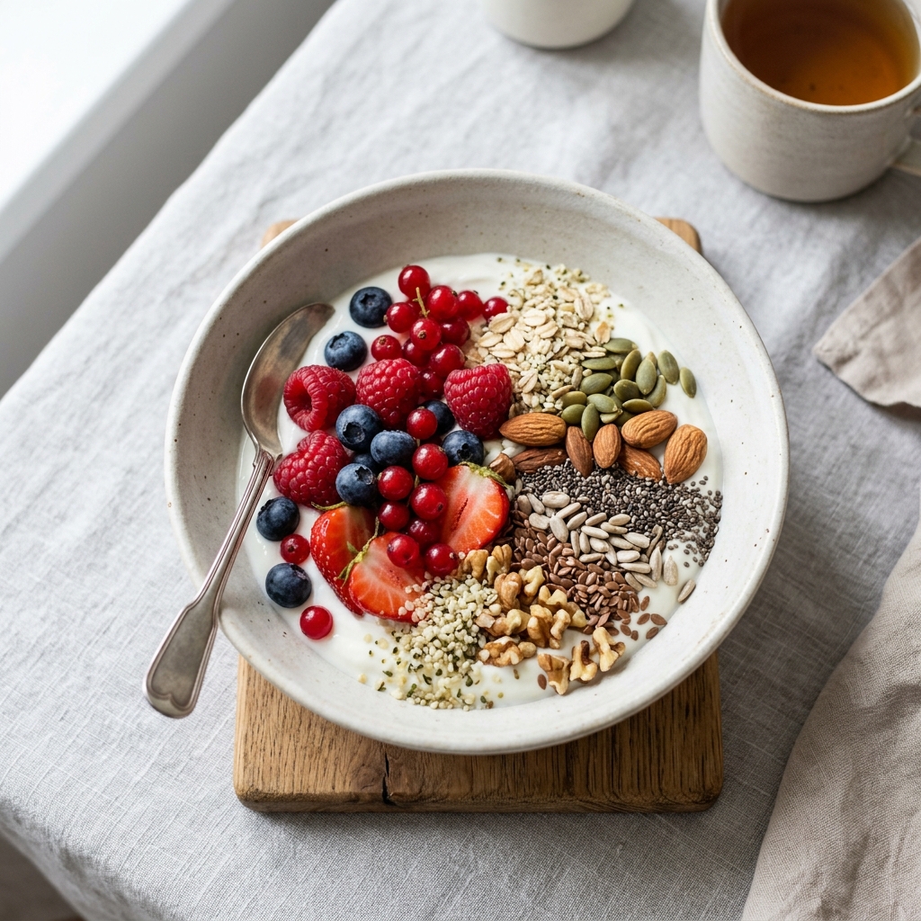 Bol de petit-déjeuner à index glycémique bas : fruits rouges, yaourt, graines