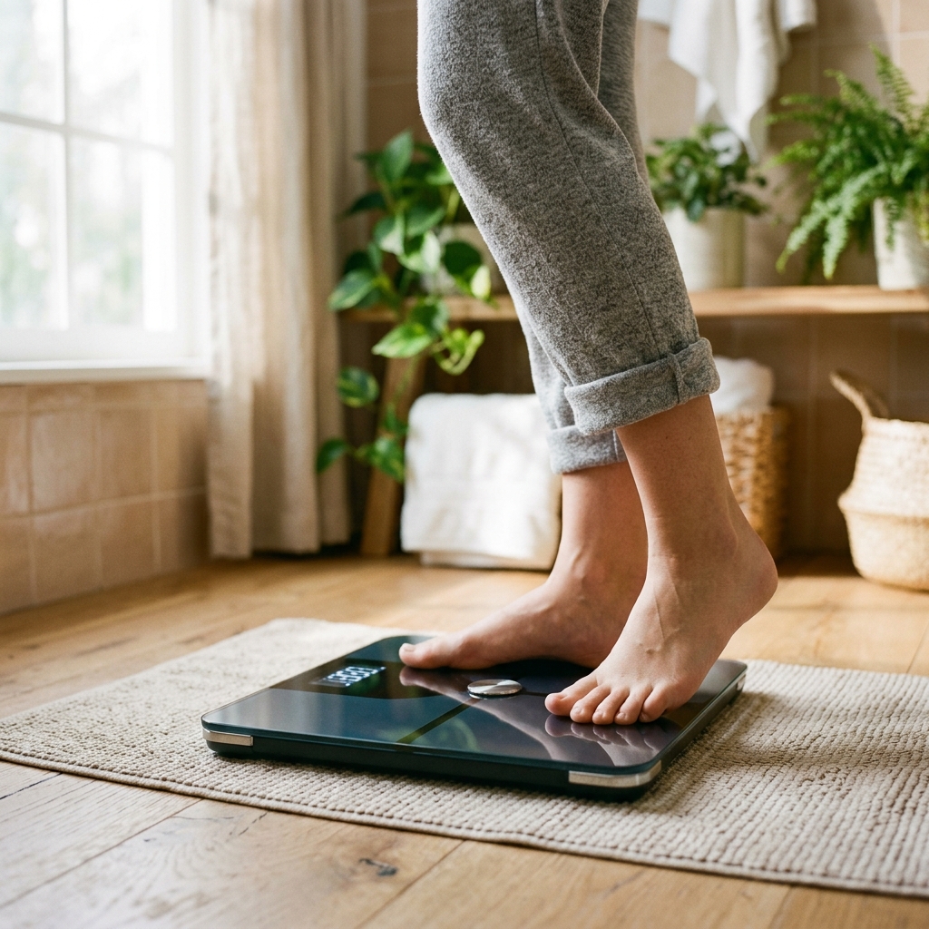 Pieds sur une balance à la lumière du matin