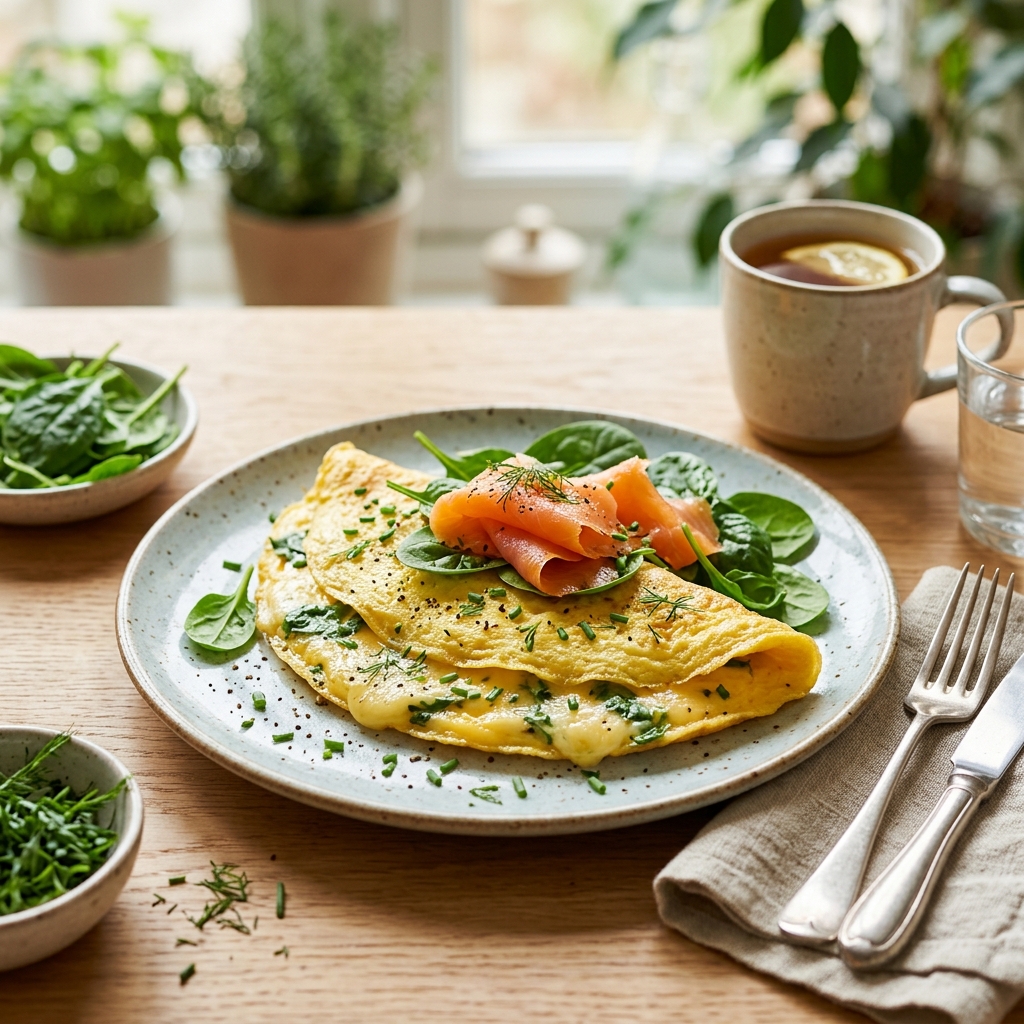 Assiette d'omelette dorée garnie de saumon fumé, d'épinards et de ciboulette ciselée